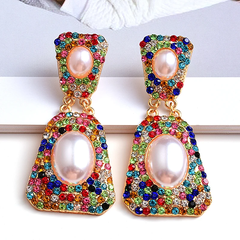 New Design Geometric Metal Crystal Pearl Long Earrings High-Quality Rhinestones Jewelry Accessories For Women Wholesale