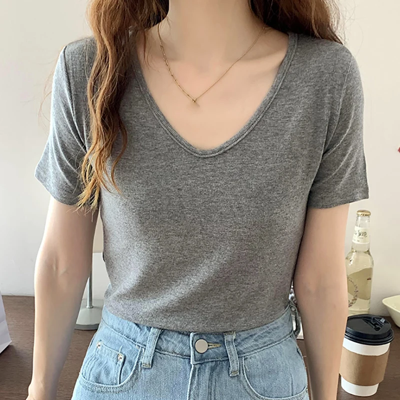 

V Neck Tshirt Femme Short Sleeve Screw Thread T Shirt Casual New 2022 Summer Tops Cotton Tee Shirt Woman Clothes Camisetas Mujer