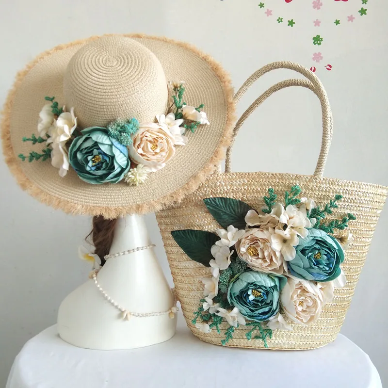 Customize Hand Made Summer Women Flower Straw Beach Bag Beach Hat Suit Pink Peony Rattan Casual Tote Fashion Holiday Handbag