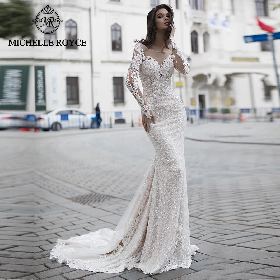 

Michelle Royce Mermaid Wedding Dresses 2021 Sweetheart Appliques Long Sleeve Button Chapel Train Bridal Gowns Vestido De Noiva