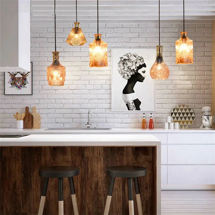 Nordic bottle amber glass pendant lights living room restaurant bar lamps American retro Italian coffee shop pendant lamps