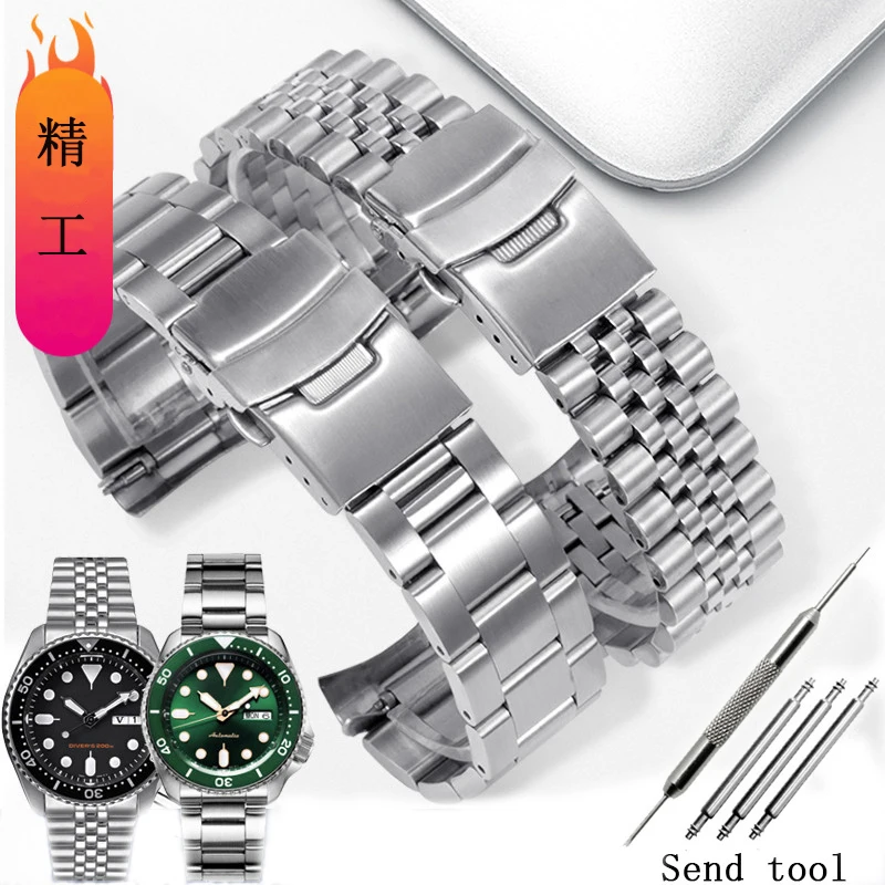 

20 22mm men's stainless steel strap suitable for Seiko No. 5 green water ghost SRPD63 waterproof folding clasp SKX007 9 173 175