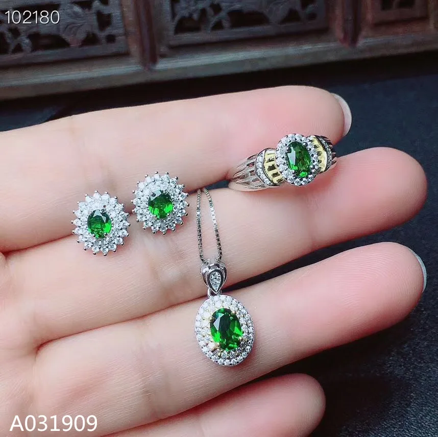 

KJJEAXCMY boutique jewelry 925 sterling silver inlaid Natural Diopside gemstone Ring Necklace Earring Suit Support Detection