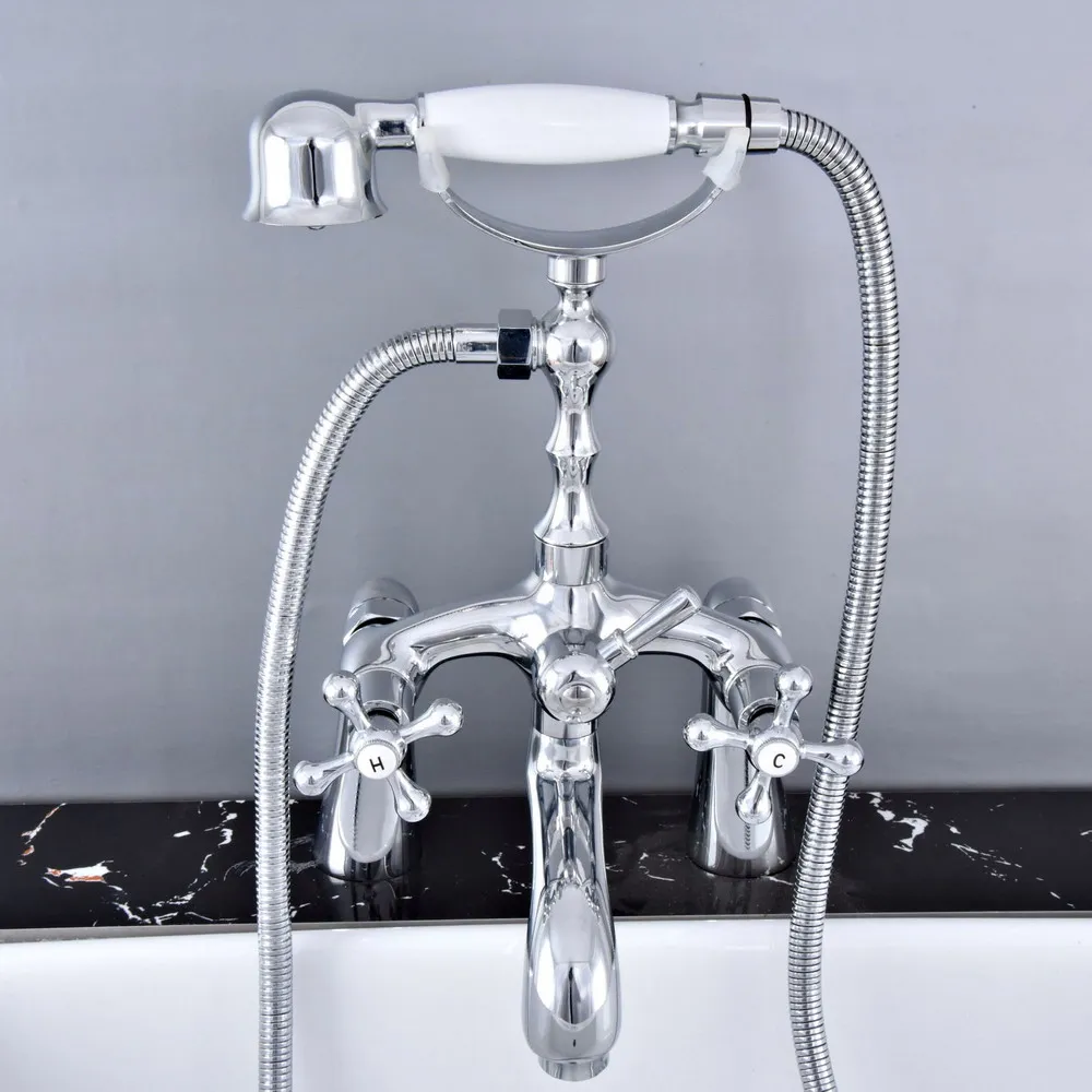 Deck Mounted Polished Silver Chrome Brass Bathroom Tub Faucet Set with 150CM Handheld Shower Spray Head Bath Mixer Tap 2tf755