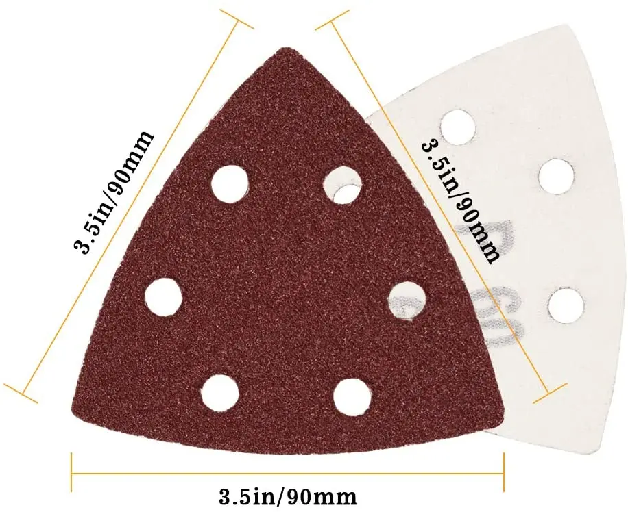 90 Stück dreieckiges Schleifpapier mit Klettverschluss, Körnung 40–1000, 90 mm, 6 Löcher, Schleifscheiben, passend für 3–1/2 Zoll oszillierende Multitools – Detail 2