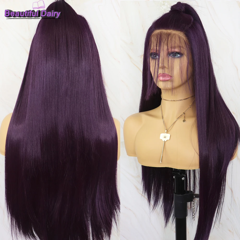 Wig Depan Renda Lurus Ungu Panjang 13X6 Buku Harian Indah untuk Wanita Wig Depan Renda Penuh Sintetis Wig Rambut Racing Wig Cosplay