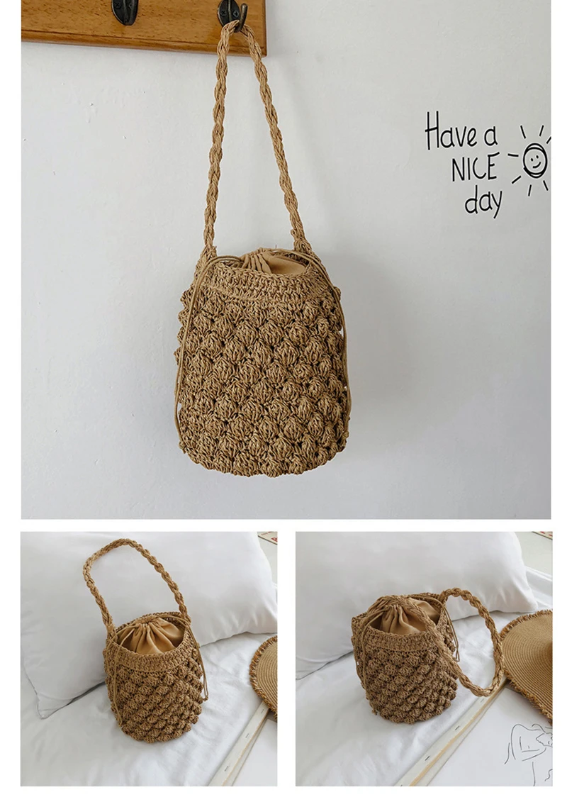 Yogodlns Sommer Stroh Umhängetasche Frauen Große Kapazität Rattan Eimer Tasche Handarbeit Gewebt Strand Tasche Mode Urlaub Handtasche Tote – Detail 18