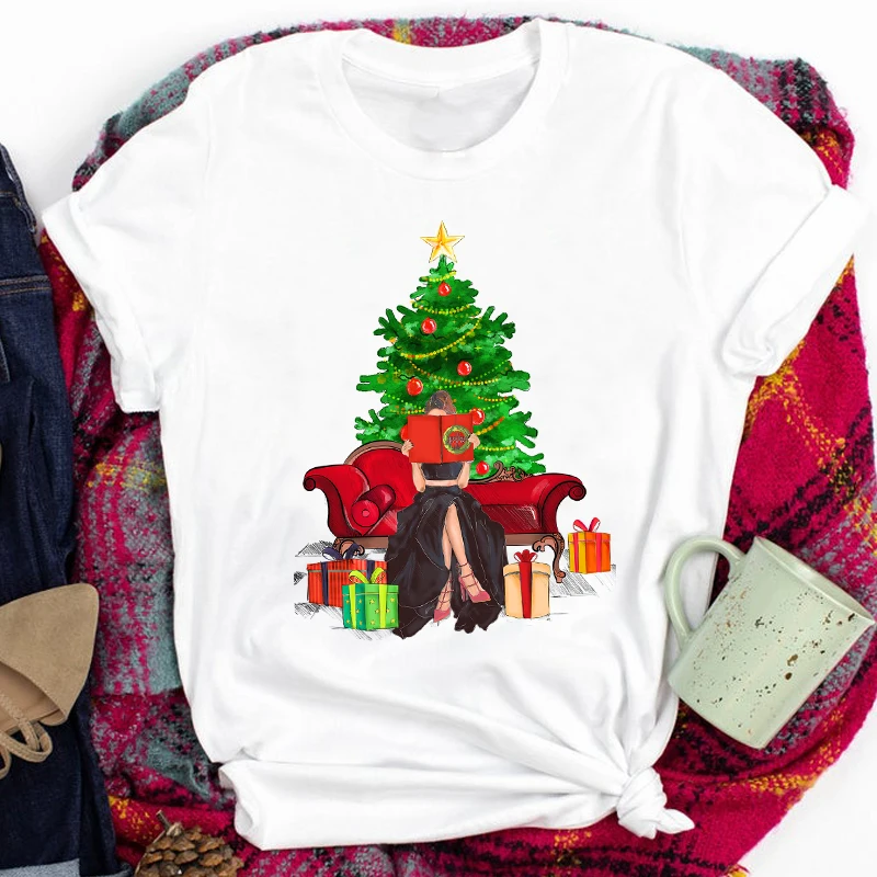 Women Lady Coffee Girl Winter Time Cute 90s Happy Holiday Merry Christmas Print Tshirt Clothes Top Graphic Female T Tee  T-shirt