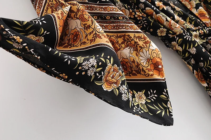 Bohemia V neck Orange Flower Print Long Kimono Shirt Black Ethnic Women Lacing up Bow Sashes Long Cardigan Loose Blouse Tops