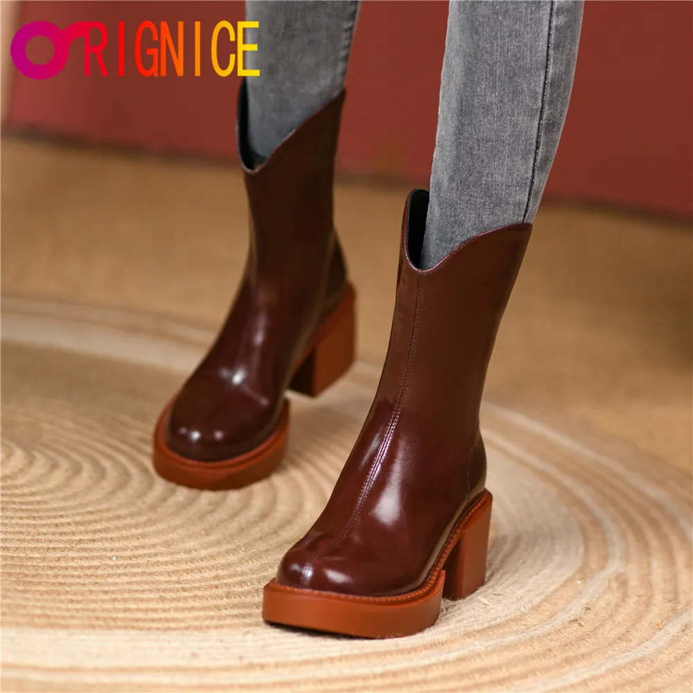 

Женские кожаные ботильоны на платформе Orignice, серые ботильоны на высоком устойчивом каблуке, с круглым носком, на молнии, для осенне-зимнего сезона