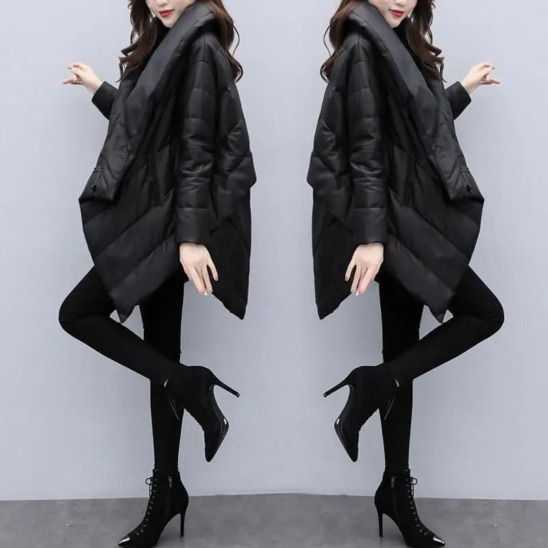 Winter New Women Thin Down Cotton Jacket Lady Fashion Black Cloak Jackets Long Sleeve Warm Coat Parka Female Portable Outwear