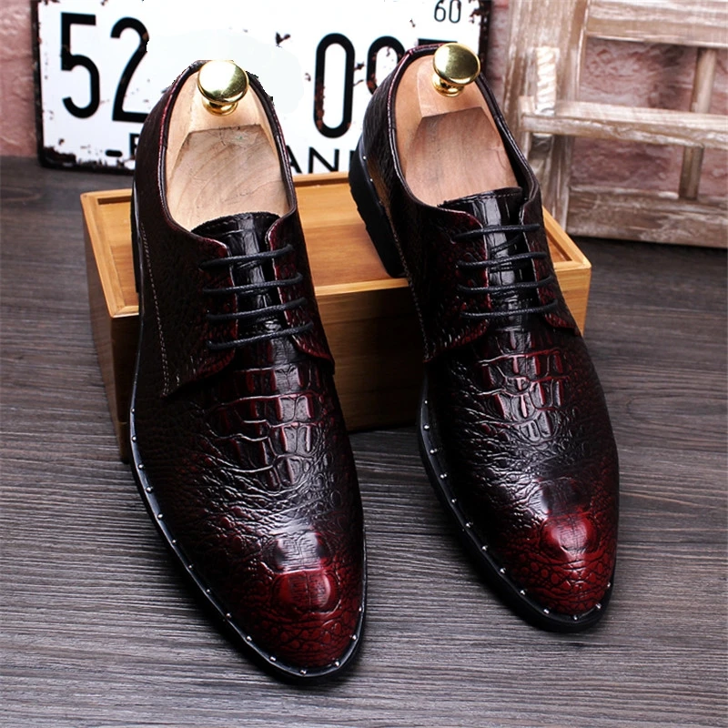 Fashion Men\'s Crocodile Grain Leather Dress Shoes Man Casual Pointed Toe Oxfords Mens Lace-Up Business Office Oxford Shoe