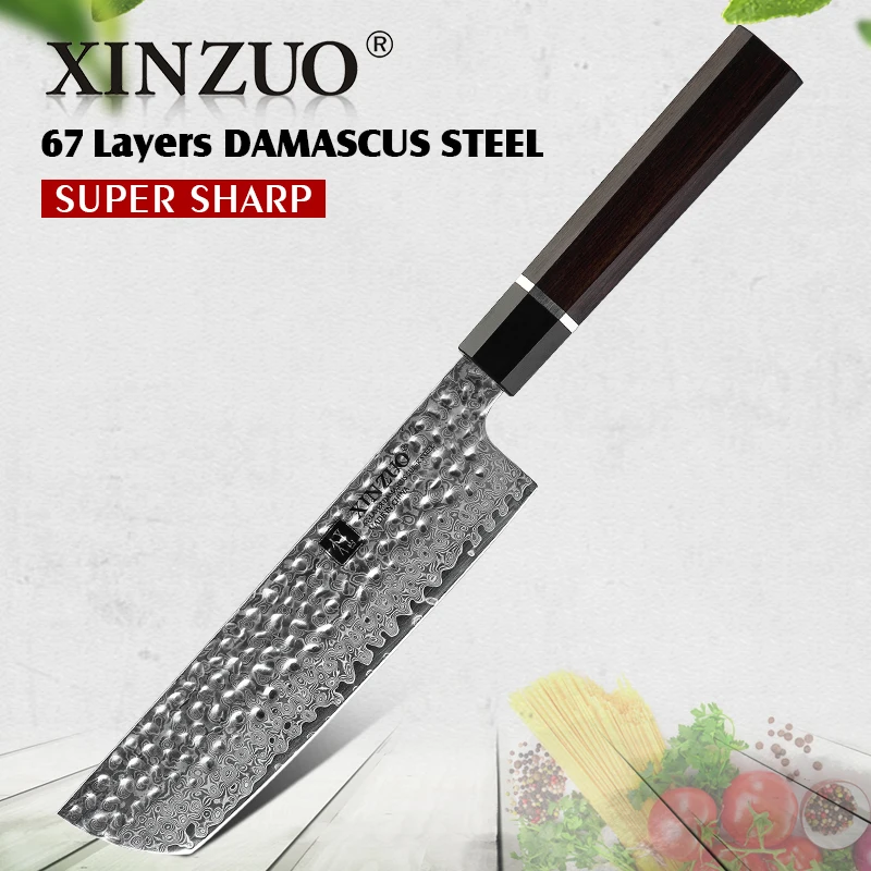 XINZUO 7'' Kitchen Nakiri Knife Damascus Steel 60±2 HRC Razor Sharp Butcher Meat Cleaver Vegetable Stainless Steel Cooking Tools