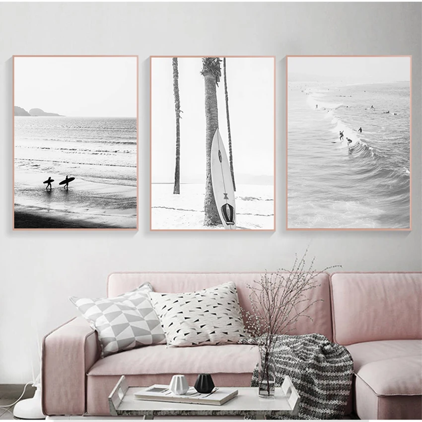 Painting Surfing Coastal Decor for Living Room Surf Poster California Wall Art Black and White Ocean Print Beach Canvas