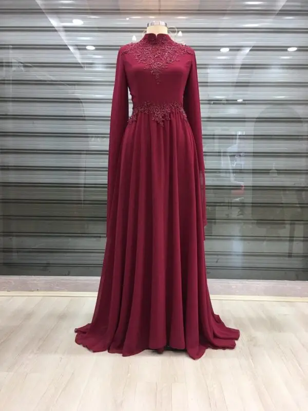 Vestido de graduación musulmán de manga larga, prenda Formal de gasa con apliques, cuello alto, línea A, Vestidos de fiesta de noche, Arabia Saudita