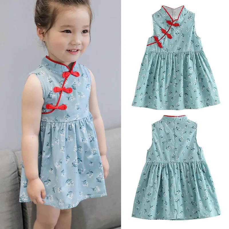 2021 Ins Kids Girls Dresses Cute Flower Print Dress Chinese Style Vintage Cheongsam Dresses Baby Girls Clothes