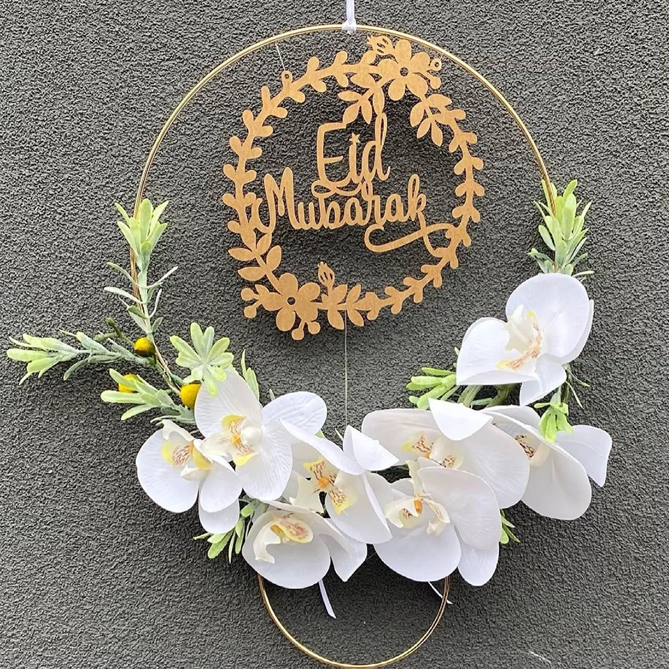 Eid Mubarak DIY Wooden Wreaths with Metal Hoop for Ramadan Kareem Islam Party Decoration Home Door Hanging Metal Ring Hoop