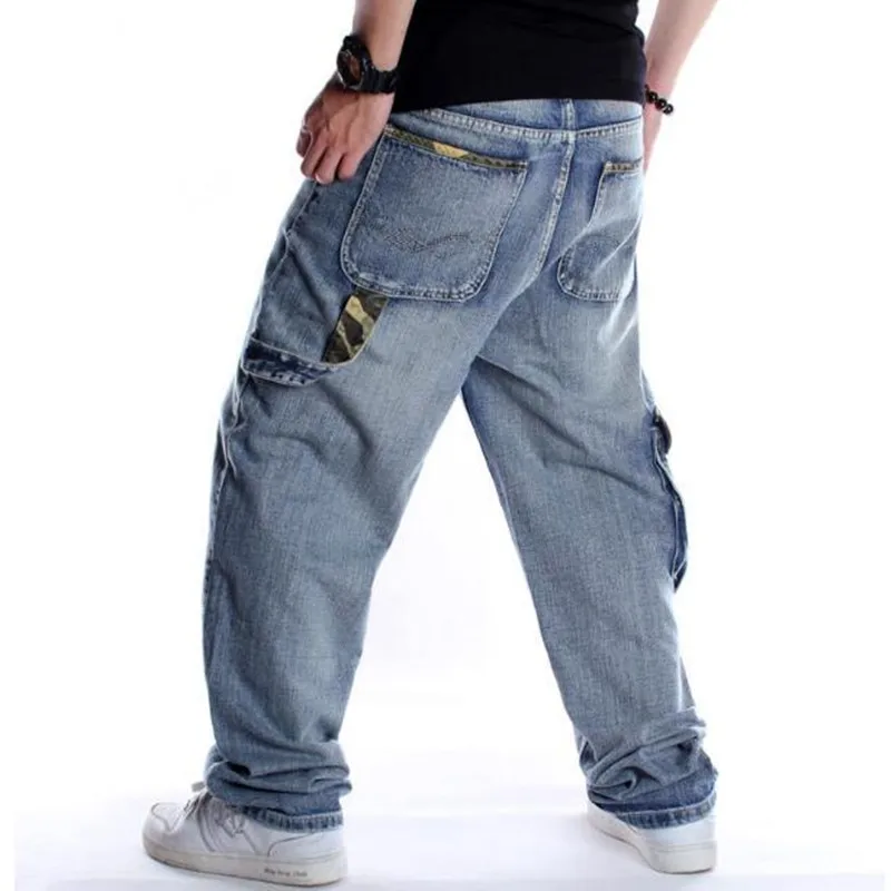 Baggy Style Men's Jeans HipHop Loose Big Pocket Boys Skateboard Rap Punk Distressed Blue Cowboy Trousers Plus Size 46