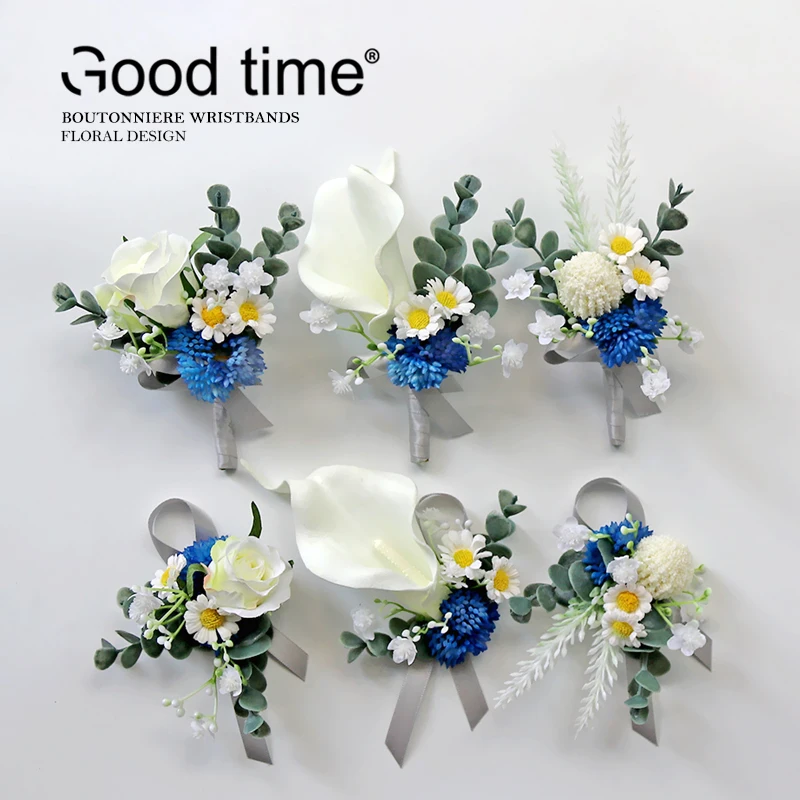 Gt corsage casamento boutonnieres rosas azul pulseira de seda flores noivo homem terno broche pinos acessórios casamento