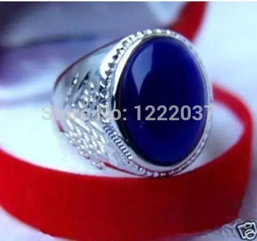 

Hot Sale Jewelry Blue Ellipse jade Carved Pattern Silver Ring size 8 9 10 11 #