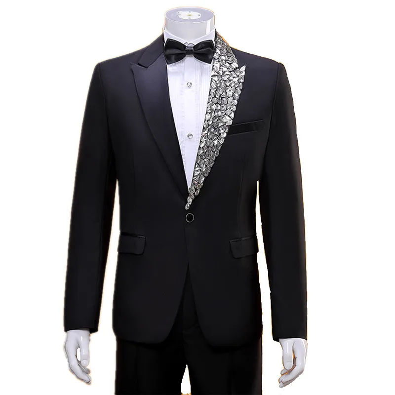 남성용 라인스톤 블레이저 팬츠 정장, 가수/ 사회자 공연 의상, 블랙 웨딩 정장, 무대 의상 2피스 세트