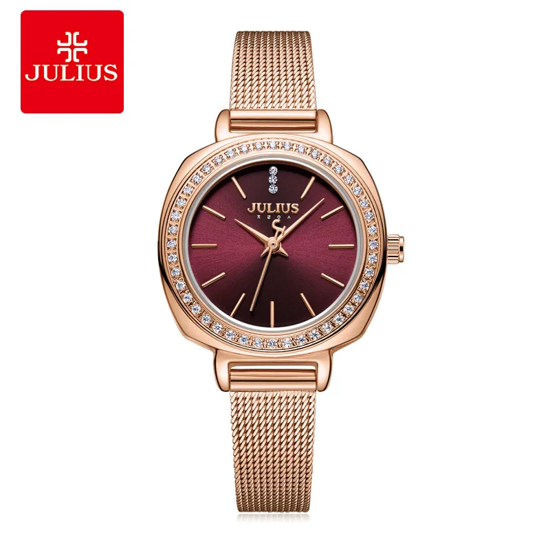 Julius Watch  JA-1213 Vintage Women's Wine Red Dial Full Diamond Top Luxury Quartz Wristwatch Fashion Jewelry Watch