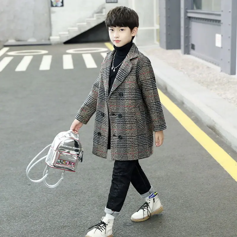 5-14T Boys Woolen Coat For Winter 2021 New Fashion Plaid Turn Collar Thick Warm  Woolen Jacket Gray/khaki High Quality