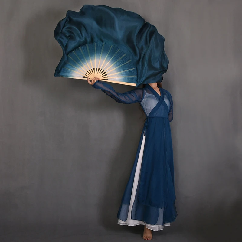 Ink Blue-White Gradient Real Silk Fan Veils Double-sided Chinese classical folk Dancing Fans 1pair Stage Show Props Fan