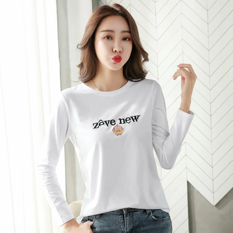 New T Shirt Women Long Sleeve Winter Loose Tops Tees Embroidery Letter Tshirts Women's T-shirt Cotton RopaMujer