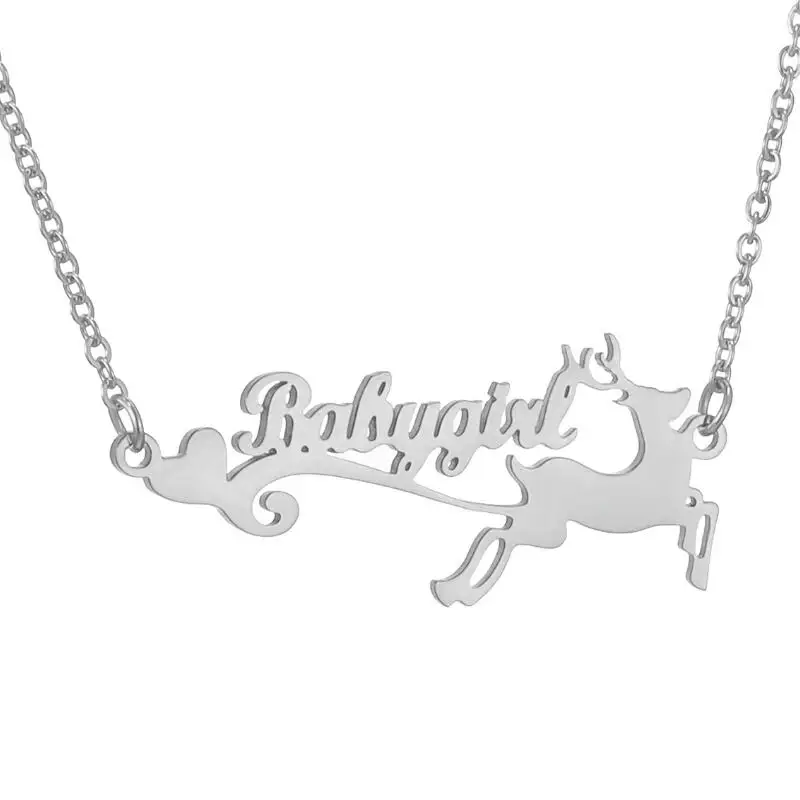 Custom Name Necklace For Women Children Personalized Gold Color Stainless Steel Reindeer Pendant Necklace Christmas Gift