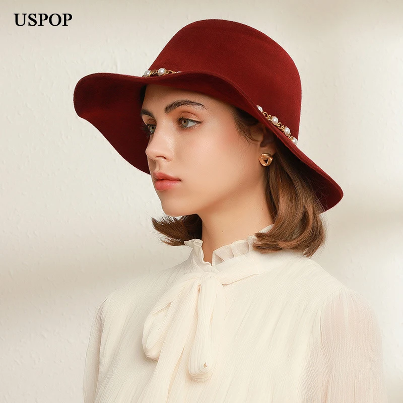 USPOP Autumn Winter Women Wool Fedoras Female Casual Pearl Chain Red Fedora Hat