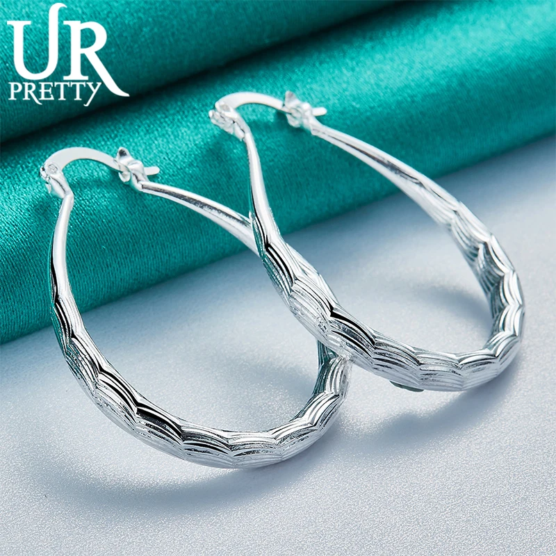 UPRETTY New 925 Sterling Silver Water Ripple 30mm Drop Shape  Round Loop Hoop Earring For Women Party Wedding Charm Jewelry Gift