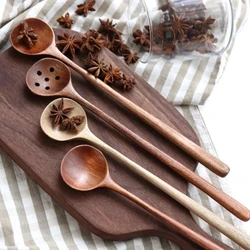 1pc Solid Wood Long Handle Wooden Spoon Korean Sauce Stir Spoon Japanese Round Mouth Anti-scalding Hot Pot Stirring Spoon