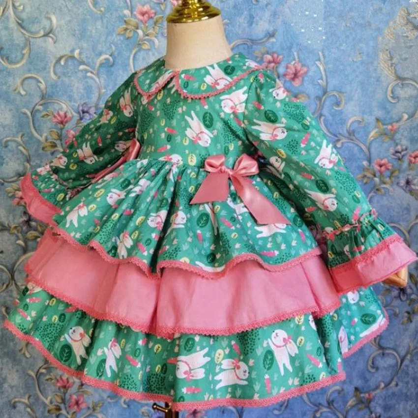 

Baby girl autumn winter cute rabbit printed ball gown dress kids bow vintage Spanish Christmas new year princess dress