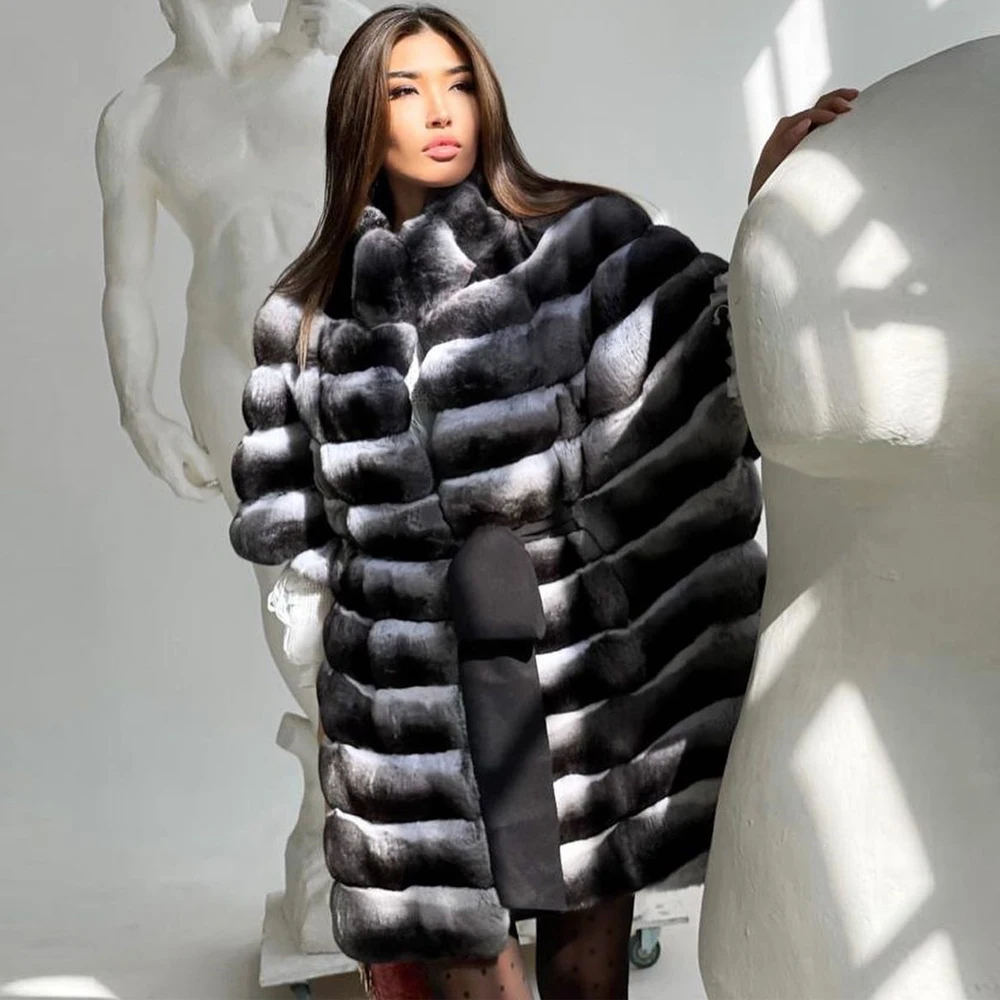 80cm Long Real Rex Rabbit Fur Coat Stand Collar High Quality Winter Fashion Natural Women Fur Overcoat Luxury Rabbit Fur Coats