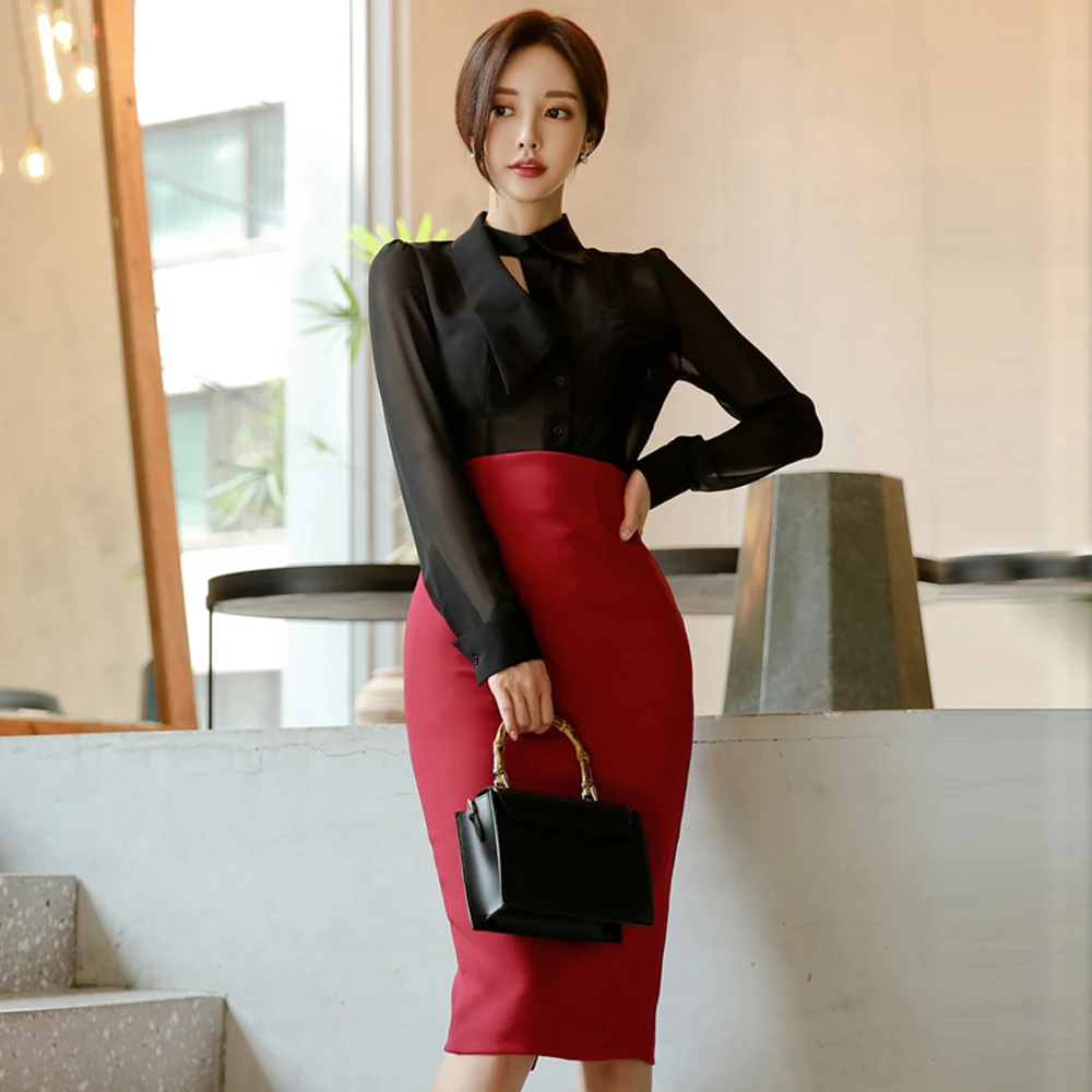 Women Elegant Sexy Korean Style Suit Sets See-through Chiffon Shirt And Package Hip Pencil Skirt High Waist Midi Skirts Jupe