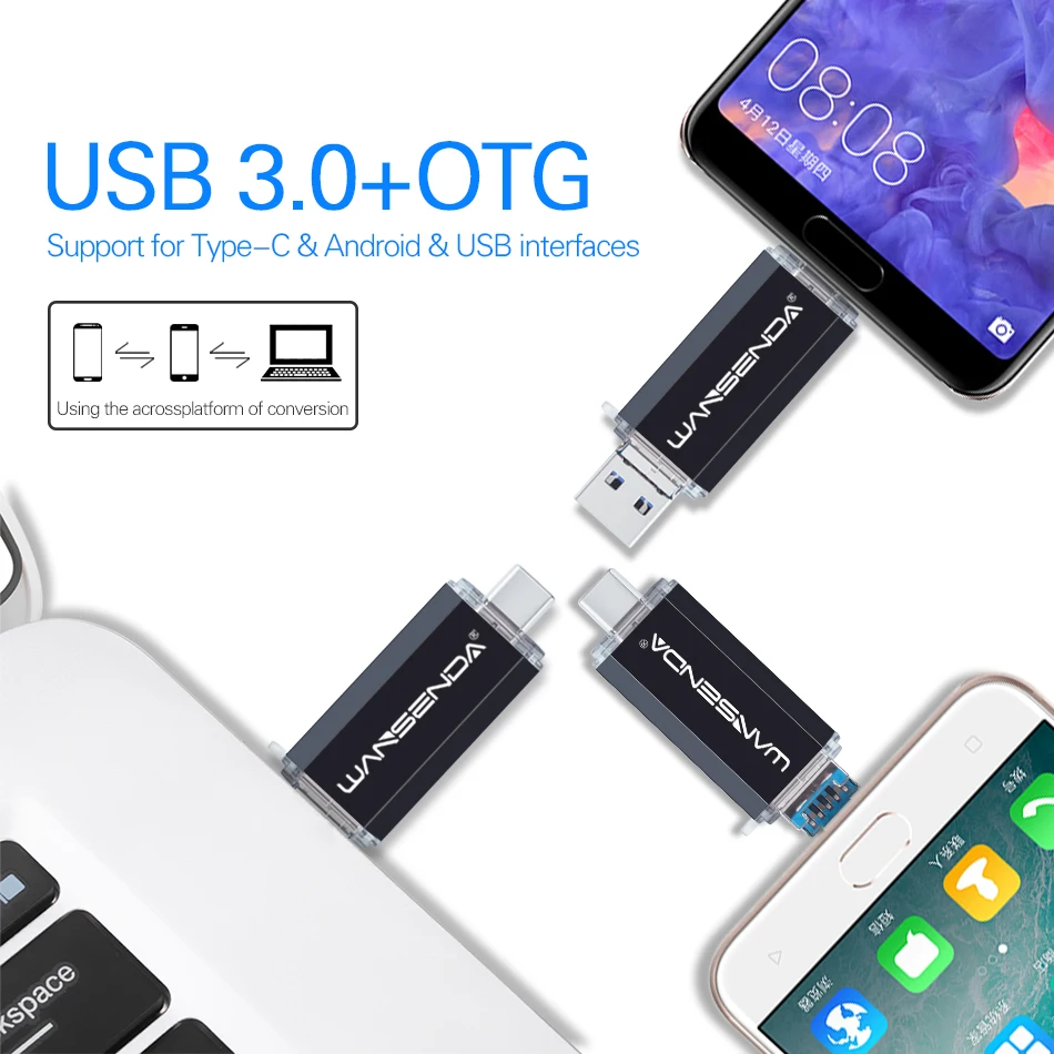 ต้นฉบับ WANSENDA OTG USB Flash Drive 3 in 1 USB3.0 & Type-C และ Micro USB Stick ไดรฟ์ปากกา 512GB 256GB 128GB 64GB 32GB Pendrives