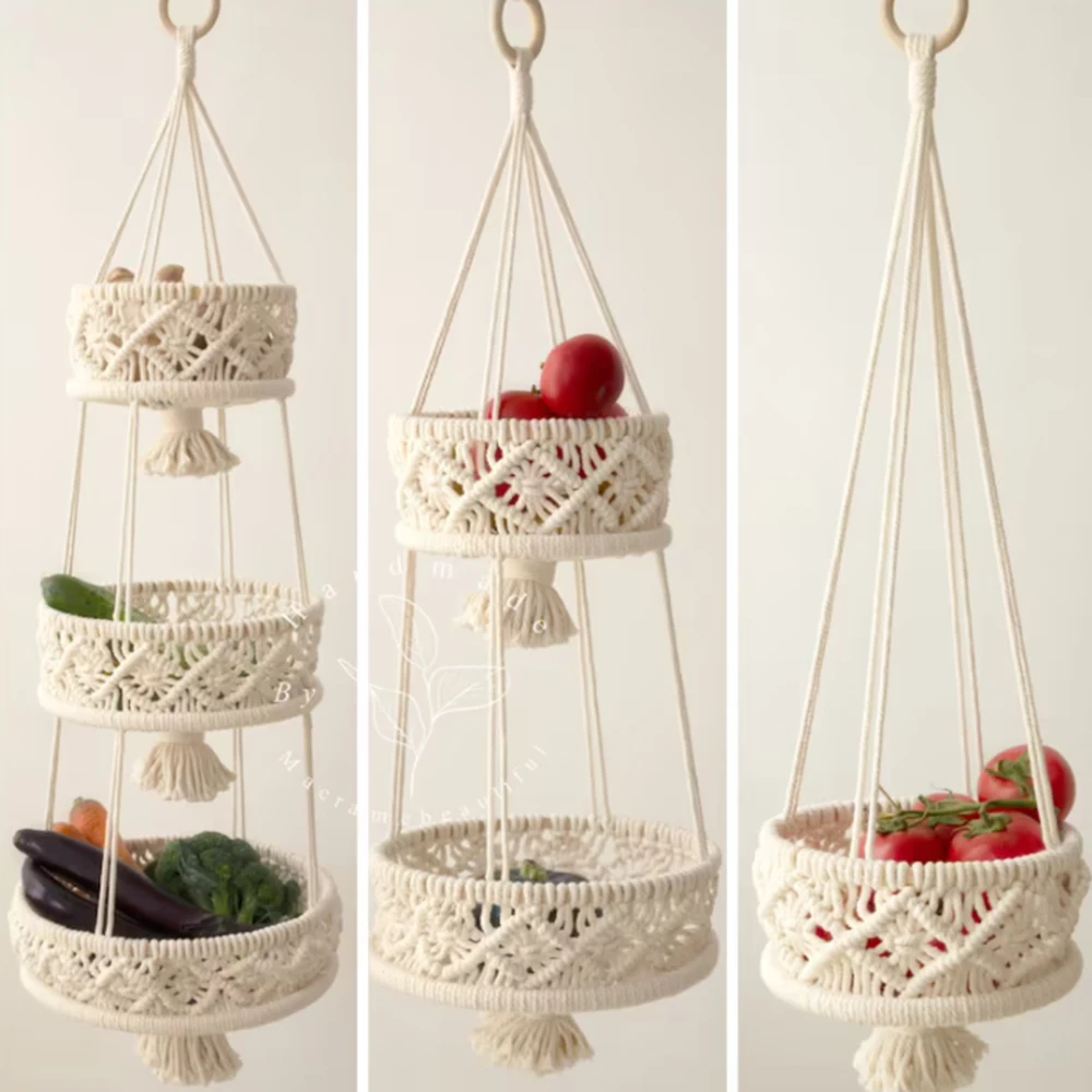 

3 Tier Macrame Hanging Basket Boho Home Decor Flower Plant Holder Hanging Fruit Basket for Kitchen Indoor Outdoor Decorative