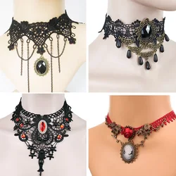 Gothic Chokers Black Beaded Flowers Sexy Lace Neck Choker Necklace Vintage Tassel Chain Women Steampunk Halloween Jewelry
