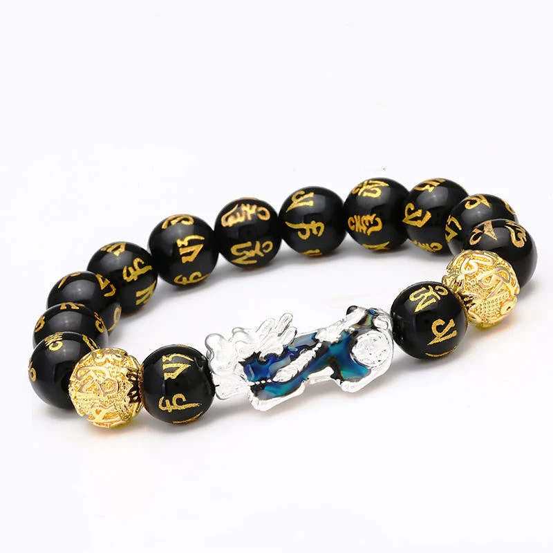 Obsidian Stone Beads Bracelets Chinese FengShui Pixiu Color Changing Wristband Wealth Good Luck Brave Troops Men Women Bracelets