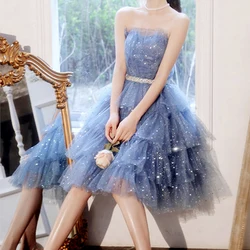 Sexy Shiny Blue Tulle With Stars A Line Prom Dresses Spaghetti Straps Bow Tied Ankle Length Evening Party Gowns Maxi Dress New