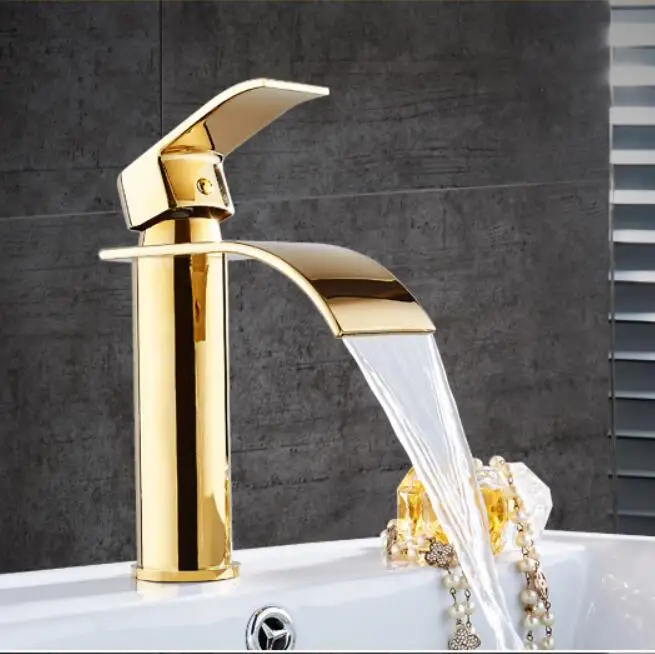 Tuqiu Wastafel Kraan Goud Waterval Kraan Messing Badkamer Kraan Badkamer Wastafel Kraan Mengkraan Warm En Koud Wastafel Kraan