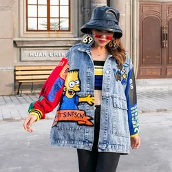 Jeans Jacket Outerwear Autumn Fashion Cartoon Sequin Print Long Sleeve Jackets Coat Loose Streetwear Female Denim Jacket Women