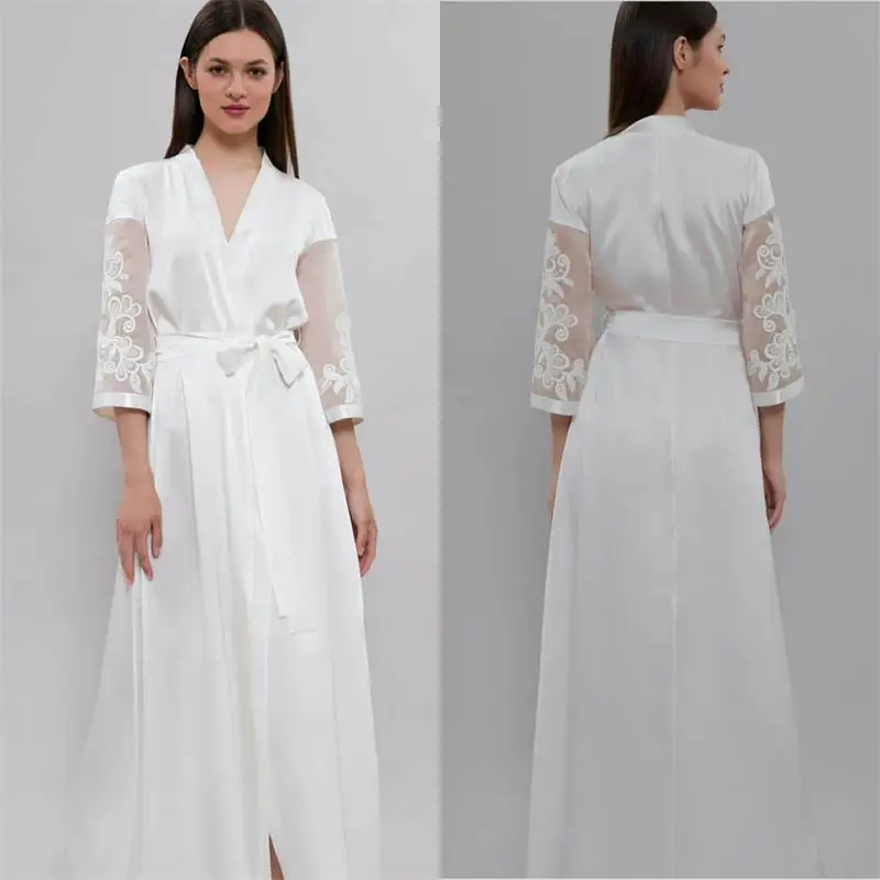 

Silk Bathrobes for Women Nightwear White Lace Appliqued Sleepwear 3/4Long Sleeves Women Soft Sexy