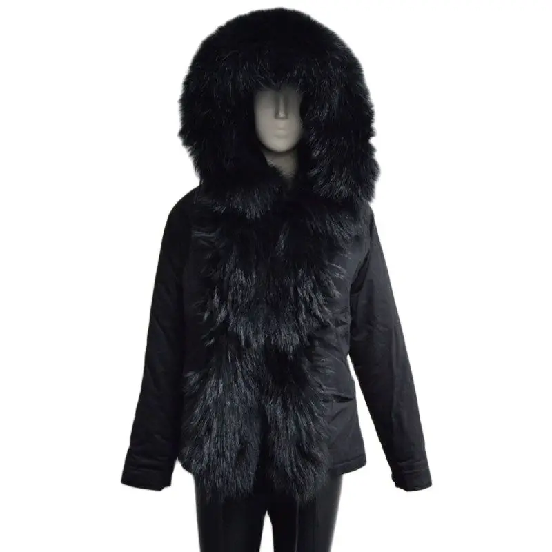 

Raccoon Huge Front Fur Border,Black Parka With Real Fur,Mini Parka Mr Black Shell Style High Fashion