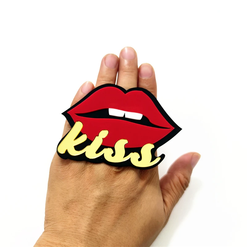 KUGUYS Mirror Gold Color KISS Red Lips Acrylic Rings for Women Size Adjustable Hiphop Rock Big Jewelry Party Accessories