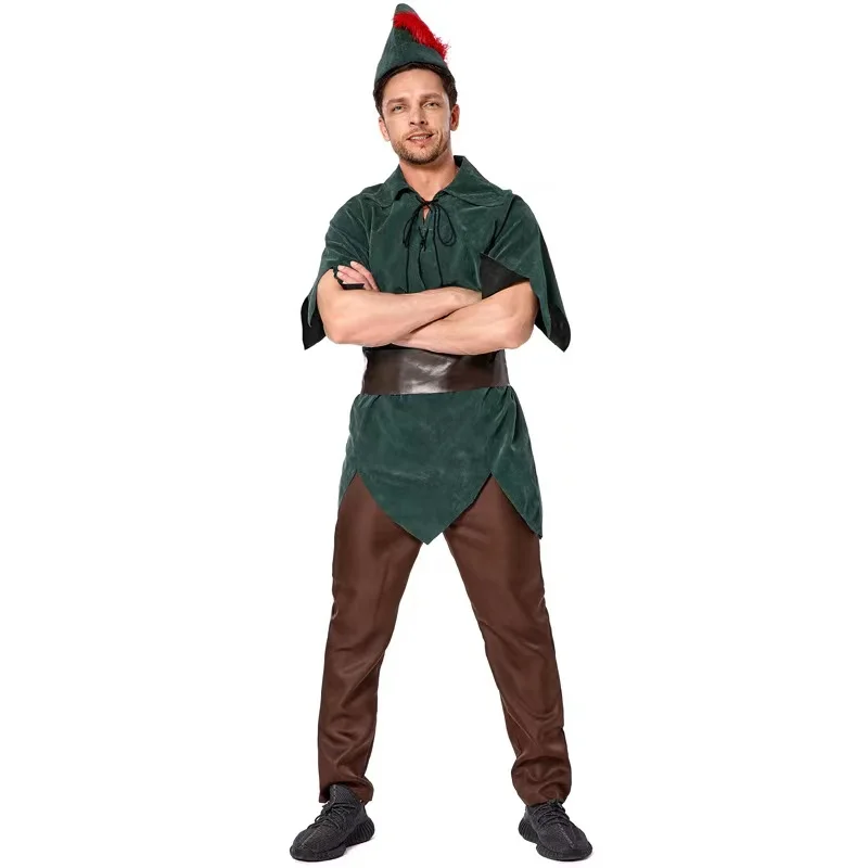 Adult Men Halloween Robin Hood Peter Pan Costumes Peasant Farmer Cosplay Carnival Purim Parade Masquerade Role Play Party Dress