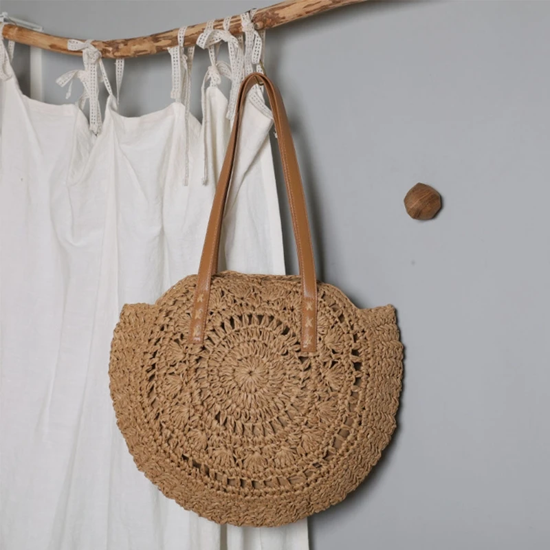 Women's Straw Handbags Large Summer Beach Tote Woven Round Bottom Handle Purse Shoulder Bag Vocation Handbag K5DA