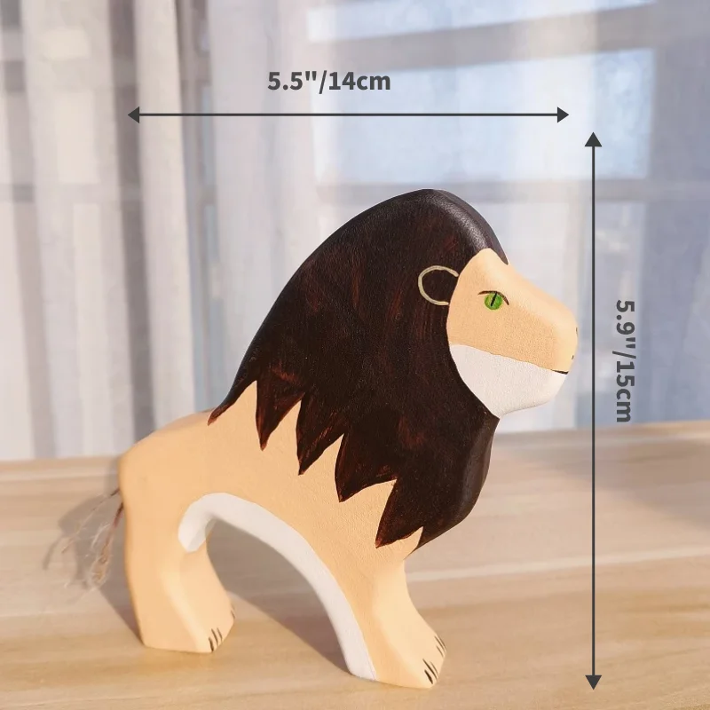 Leão de madeira natural montessori figura artesanal grandes animais handcarft brinquedos para crianças animais cognição brinquedo educativo precoce