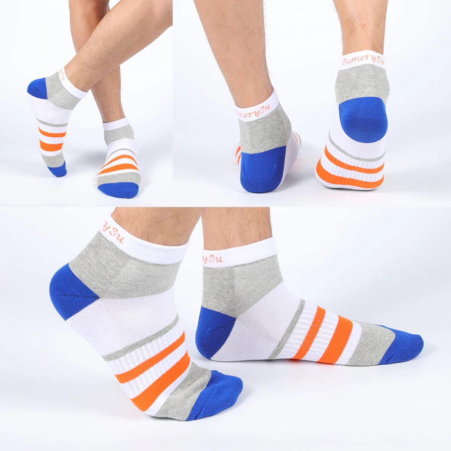 5 Pairs/Lot Running Socks Men Ankle Colorful Stripes Combed Cotton Outdoor Gym Compression Short Male Socks 5 Colors New 2024